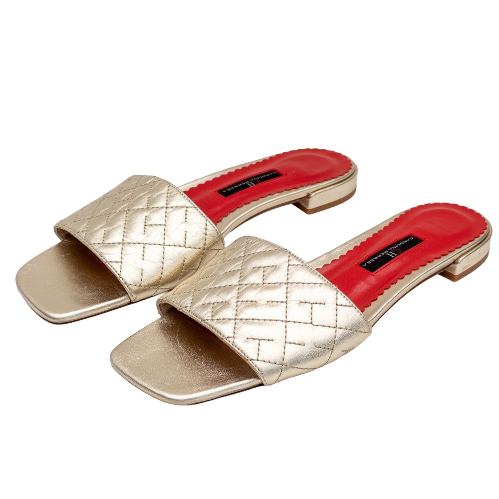 Carolina Herrera CH Gold Quilted Leather Slide Sandals Women's EU 39 US 8.5